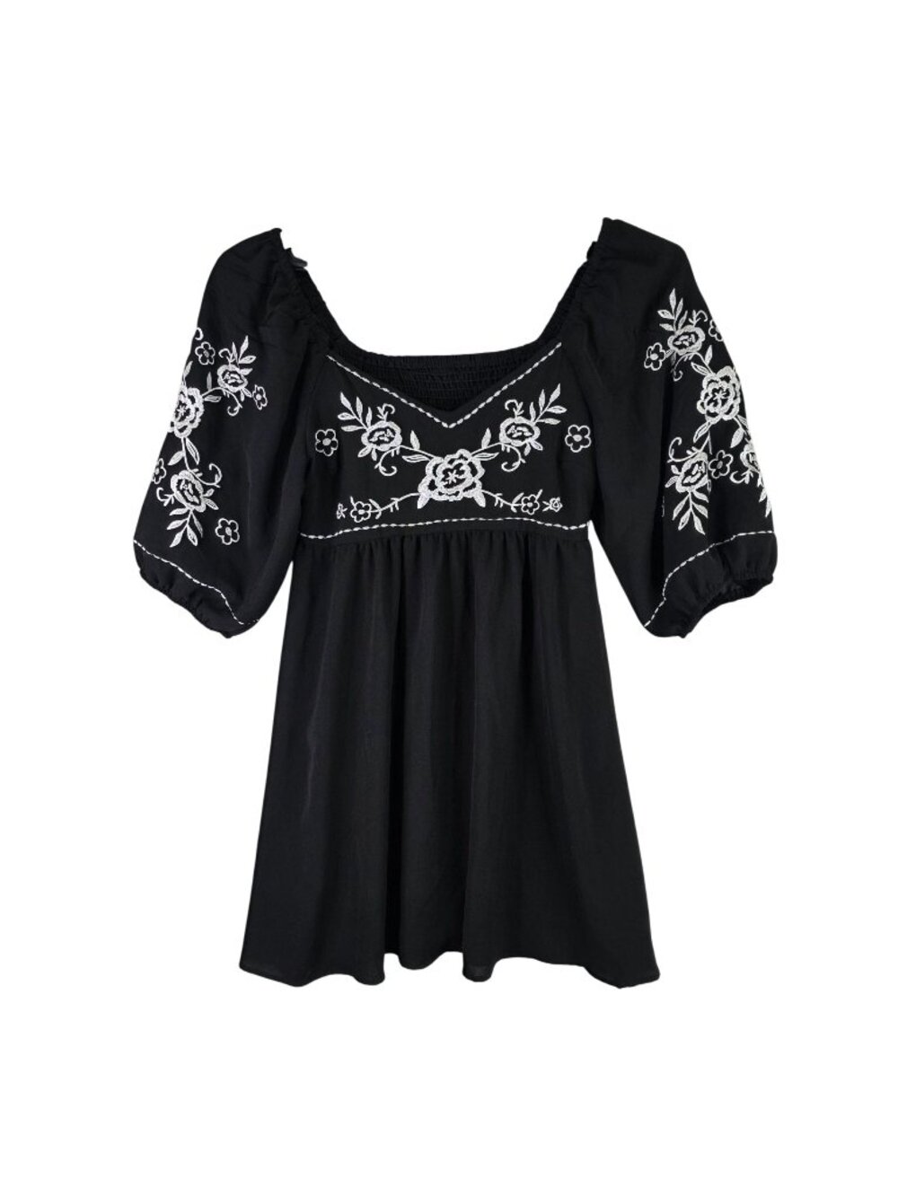 Womens Shein Black White Embroidered Puff Sleeve Smocked Back Mini Dress Size L